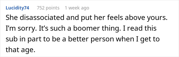 Comment from user Lucidity74 discussing feelings and personal growth in response to a MIL skipping sewage disaster. Comment from user Lucidity74 discussing feelings and personal growth in response to a MIL skipping sewage disaster.