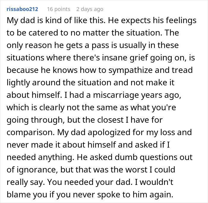 Comment about a dad’s reaction to grief and miscarriage, reflecting on sympathy and emotional support. Comment about a dad’s reaction to grief and miscarriage, reflecting on sympathy and emotional support.