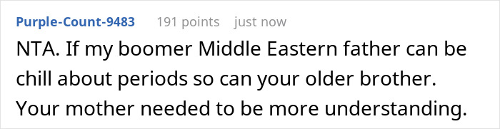 Comment discussing a mother called disgusting for son carrying pads for daughters and the mother’s upset reaction.