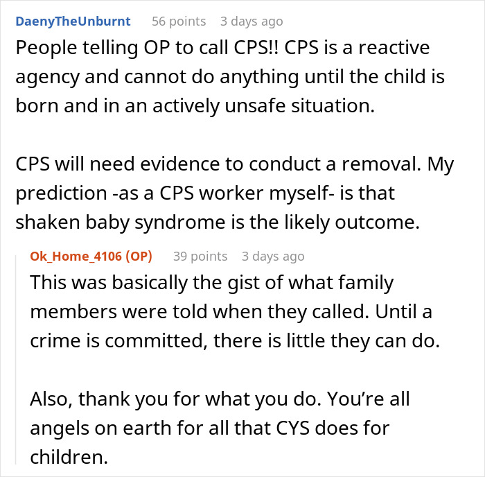 Reddit comments discussing child protective services and a family feud involving a disabled daughter and pregnancy pressure. Reddit comments discussing child protective services and a family feud involving a disabled daughter and pregnancy pressure.