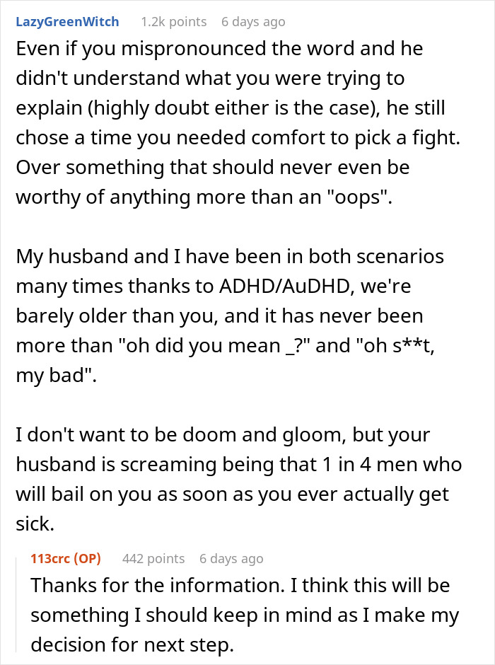Online forum discussion about hubby mocking wife over mispronunciation while she shares surgery details, causing emotional distress. Online forum discussion about hubby mocking wife over mispronunciation while she shares surgery details, causing emotional distress.