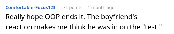 Comment discussing boyfriend’s reaction to girlfriend’s sister hitting on her, calling it a test causing confusion and anger. Comment discussing boyfriend’s reaction to girlfriend’s sister hitting on her, calling it a test causing confusion and anger.