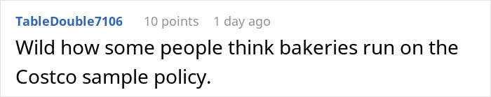 Comment on social media discussing bakery refund policies after customer complaint about half-eaten cake.