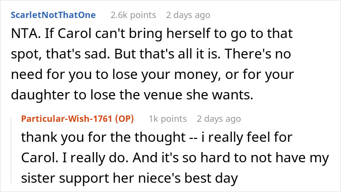 Screenshot of a Reddit discussion about a woman refusing to cancel her daughter’s dream wedding venue over sister’s cheating ex. Screenshot of a Reddit discussion about a woman refusing to cancel her daughter’s dream wedding venue over sister’s cheating ex.