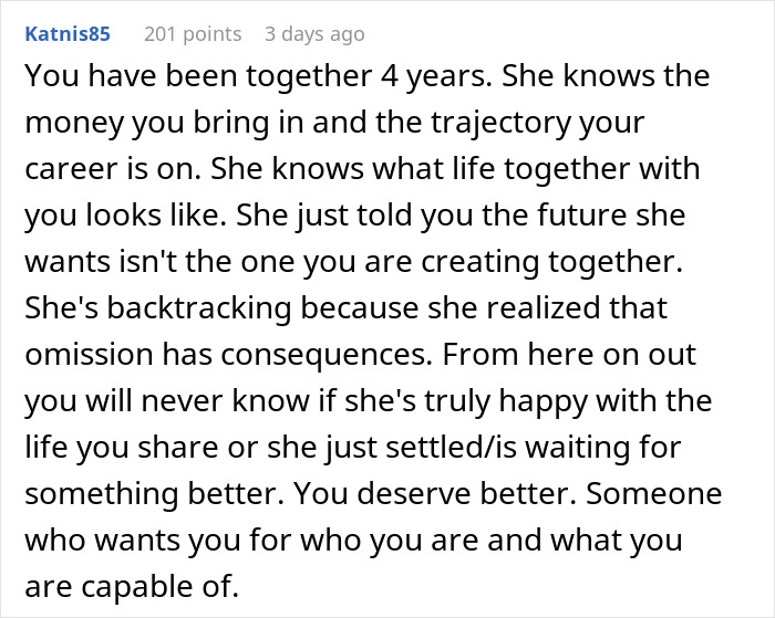 Comment discussing a man’s dream proposal ending in heartbreak as girlfriend wants a rich husband, not a hardworking partner.
