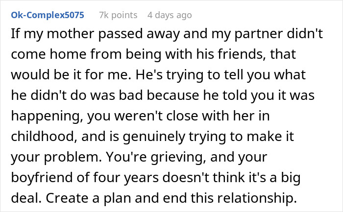 Text post discussing a woman’s heartbreak revealing her boyfriend’s true character after her mother’s death.