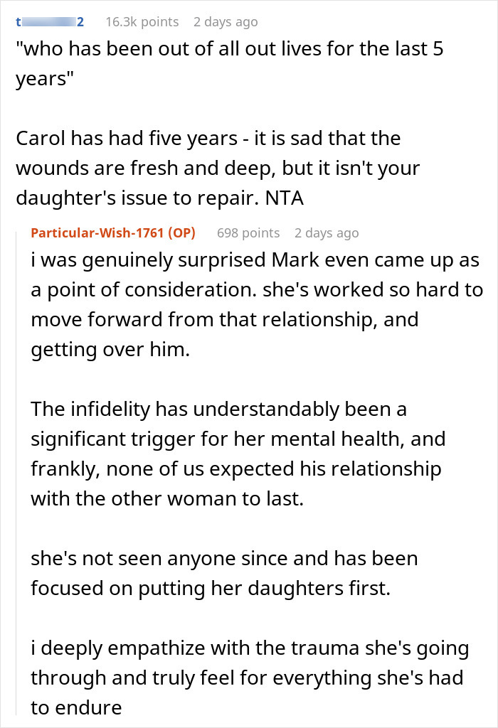 Reddit comments discussing a woman refusing to cancel her daughter’s dream wedding venue despite sister’s cheating ex. Reddit comments discussing a woman refusing to cancel her daughter’s dream wedding venue despite sister’s cheating ex.