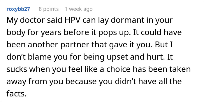 Comment discussing HPV’s dormant nature and emotional impact on woman with cancer resenting healthy boyfriend’s past HPV. Comment discussing HPV’s dormant nature and emotional impact on woman with cancer resenting healthy boyfriend’s past HPV.