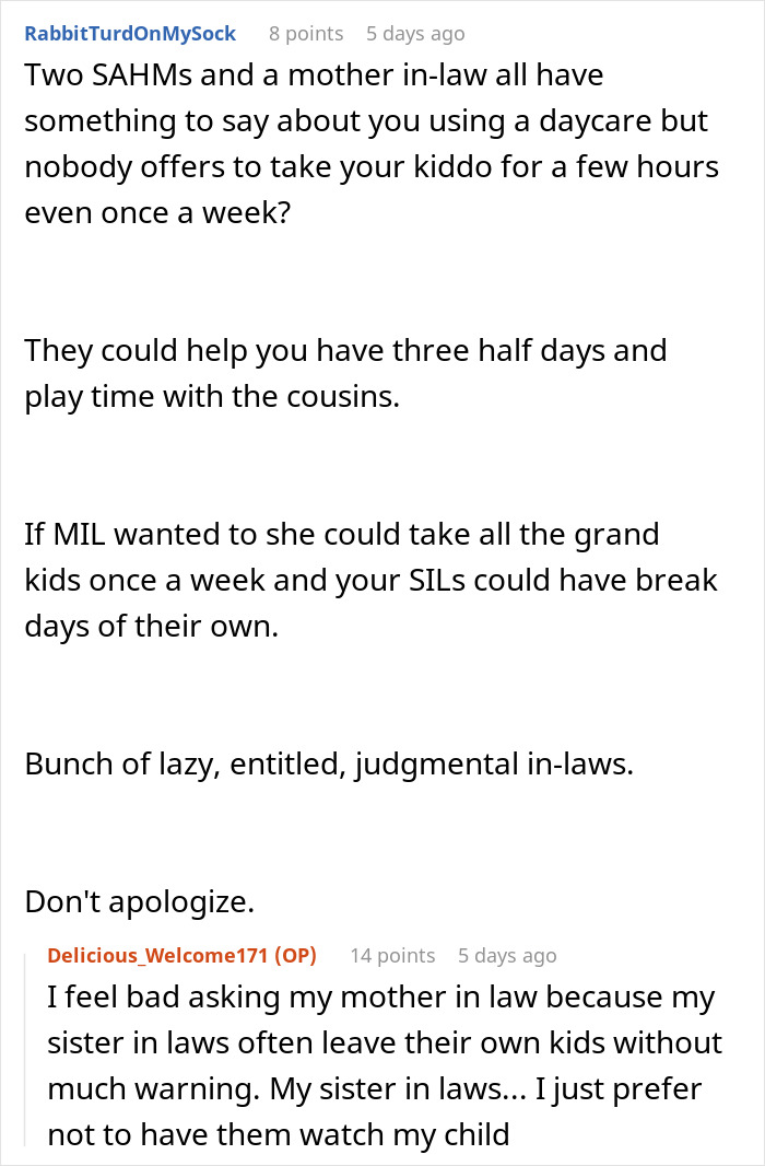 Comment thread about working mom frustrated with judgmental in-laws over once-a-week daycare and family childcare support. Comment thread about working mom frustrated with judgmental in-laws over once-a-week daycare and family childcare support.