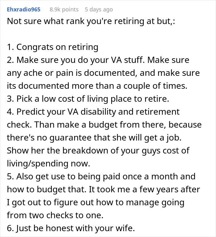 Commenter shares retirement advice on managing finances when wife finds a job, referencing stay-at-home mom and chores debate. Commenter shares retirement advice on managing finances when wife finds a job, referencing stay-at-home mom and chores debate.