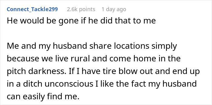 Comment about woman going shopping and missing calls from fiancé, emphasizing location sharing for safety in rural areas. Comment about woman going shopping and missing calls from fiancé, emphasizing location sharing for safety in rural areas.
