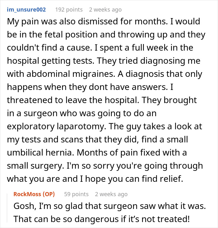 Comment discussing woman’s chronic pain dismissed by doctors until her husband’s confirmation, highlighting medical disbelief and diagnosis struggle. Comment discussing woman’s chronic pain dismissed by doctors until her husband’s confirmation, highlighting medical disbelief and diagnosis struggle.