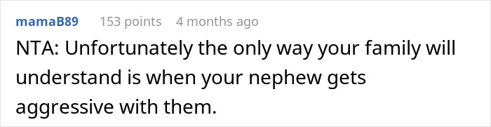 Comment text on a white background discussing a woman refusing to babysit her autistic nephew after he injures her daughter and spits on her. Comment text on a white background discussing a woman refusing to babysit her autistic nephew after he injures her daughter and spits on her.