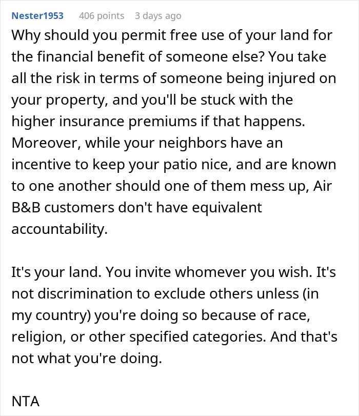 Comment explaining neighbor refuses to let tourists use their patio with Airbnb host calling it discrimination. Comment explaining neighbor refuses to let tourists use their patio with Airbnb host calling it discrimination.