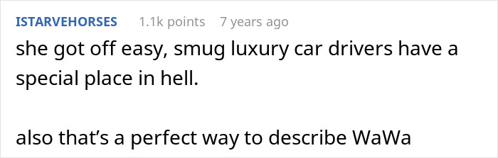 Comment text about smug luxury car drivers posted on a forum, referencing a perfect way to describe WaWa.