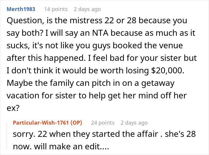 Discussion about woman refusing to cancel daughter’s dream wedding venue despite sister’s cheating ex. Discussion about woman refusing to cancel daughter’s dream wedding venue despite sister’s cheating ex.