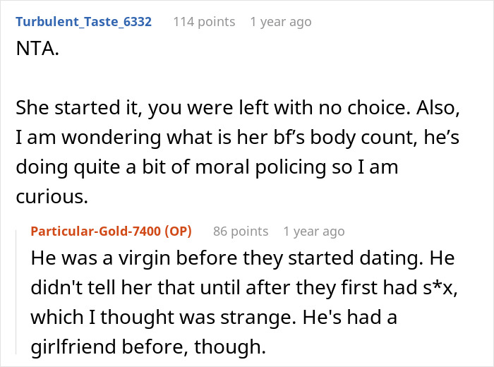 Screenshot of Reddit comments discussing boyfriend’s body count and moral policing in a relationship conflict. Screenshot of Reddit comments discussing boyfriend’s body count and moral policing in a relationship conflict.