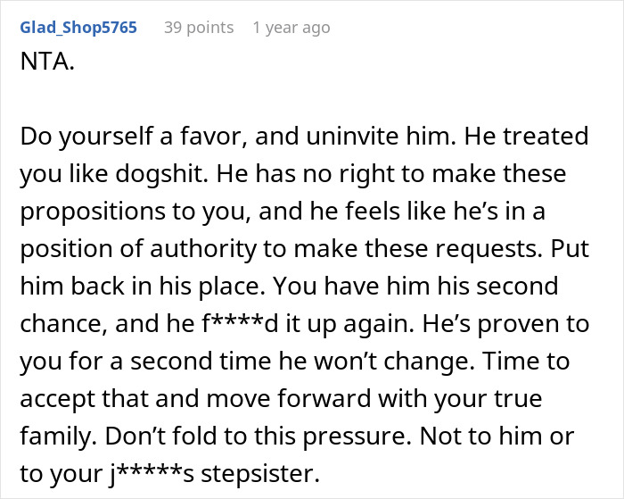 Comment advising to cut ties with toxic family members after conflict with stepsister, highlighting old family fight and estrangement. Comment advising to cut ties with toxic family members after conflict with stepsister, highlighting old family fight and estrangement.