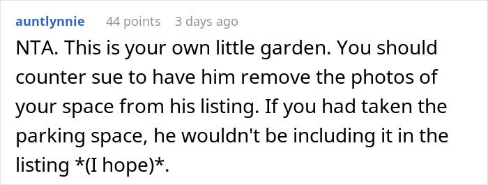 Comment discussing neighbor refusing patio access and Airbnb host upstairs calling it discrimination in a dispute. Comment discussing neighbor refusing patio access and Airbnb host upstairs calling it discrimination in a dispute.