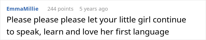 Screenshot of a heartfelt comment urging a child to continue speaking and loving her native language despite family conflict. Screenshot of a heartfelt comment urging a child to continue speaking and loving her native language despite family conflict.