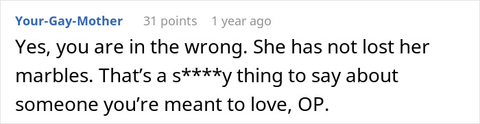 Screenshot of a Reddit comment discussing a man telling his wife she couldn’t do it without him and her proving him wrong.