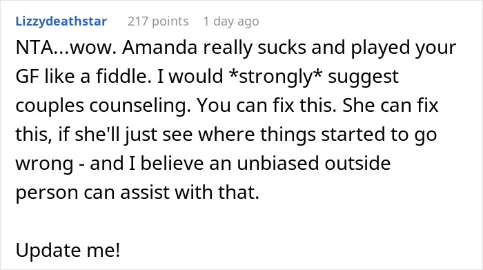 Screenshot of a Reddit comment suggesting couples counseling for a man and his pregnant girlfriend facing insecurities and relationship issues. Screenshot of a Reddit comment suggesting couples counseling for a man and his pregnant girlfriend facing insecurities and relationship issues.