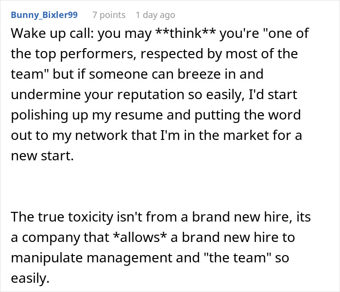 Comment highlighting how a toxic newbie spreads lies and manipulates management, causing workplace reputation damage. Comment highlighting how a toxic newbie spreads lies and manipulates management, causing workplace reputation damage.
