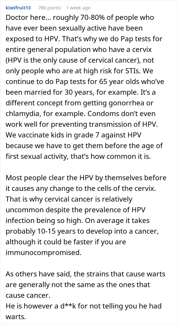 Comment explaining HPV risks and cervical cancer development, related to resentment toward healthy boyfriend with past HPV. Comment explaining HPV risks and cervical cancer development, related to resentment toward healthy boyfriend with past HPV.