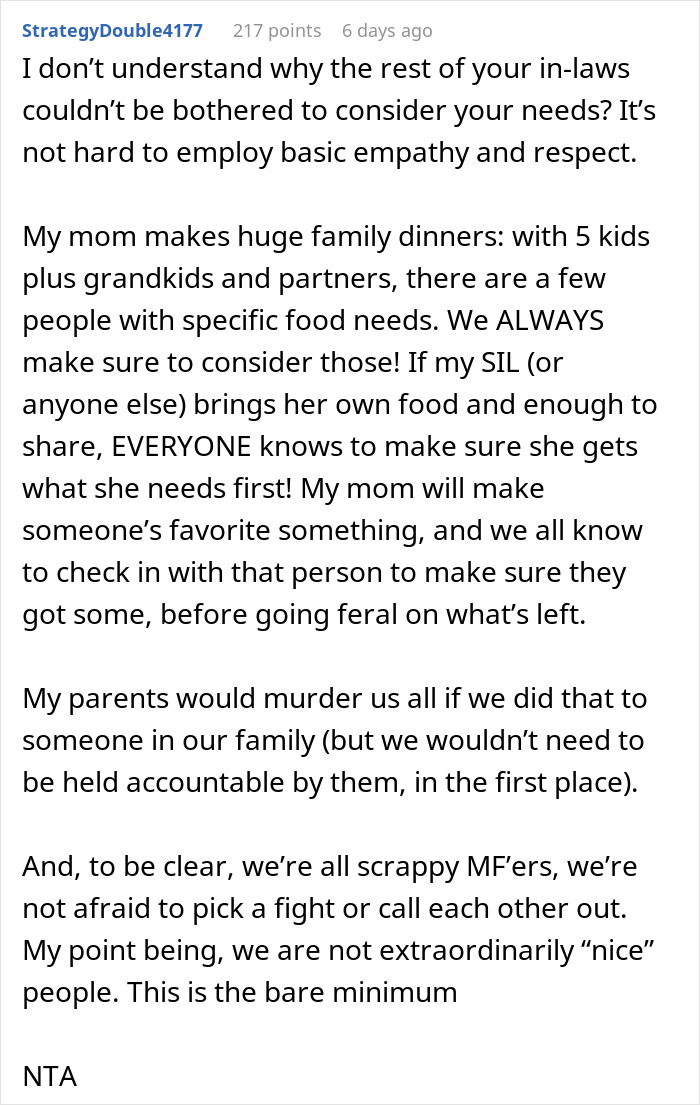 In-Laws Aware Of Woman’s Food Restrictions, Are Mad She Finds A Way To Not Eat Their Unsafe Food In-Laws Aware Of Woman’s Food Restrictions, Are Mad She Finds A Way To Not Eat Their Unsafe Food