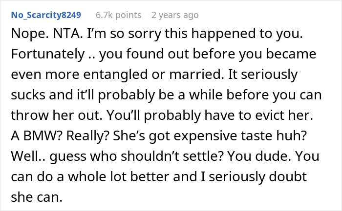 Comment on Reddit discussing a fiance-destitute relationship, advising against settling due to expensive tastes and eviction difficulties. Comment on Reddit discussing a fiance-destitute relationship, advising against settling due to expensive tastes and eviction difficulties.