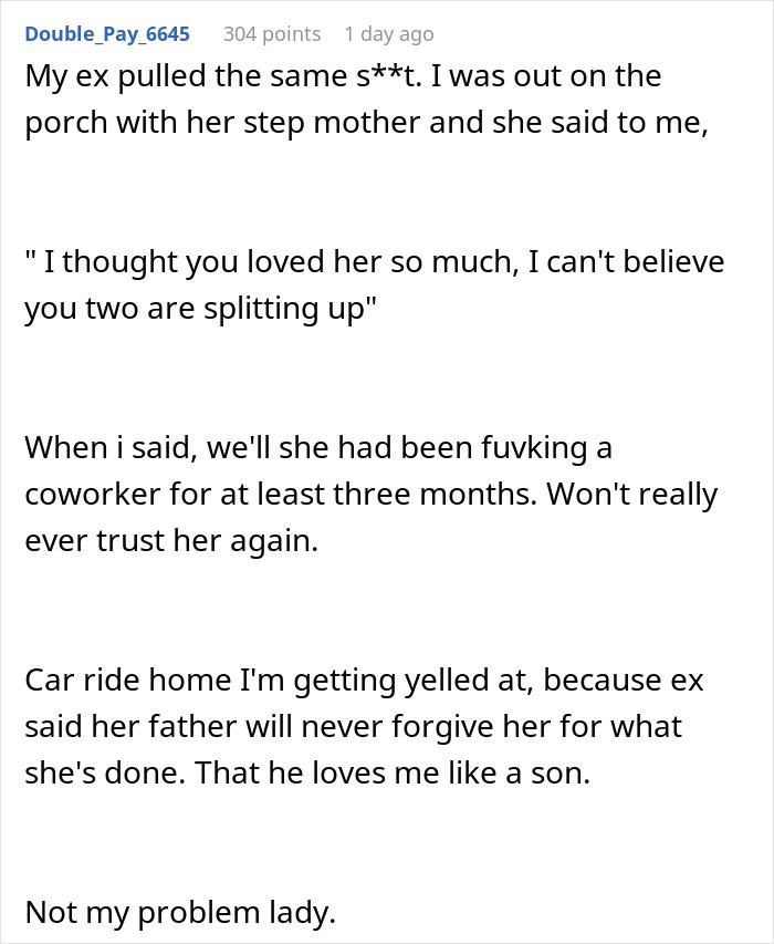 Text post about man revealing truth behind divorce, surprising in-laws who assumed it was due to daughter’s weight concerns. Text post about man revealing truth behind divorce, surprising in-laws who assumed it was due to daughter’s weight concerns.