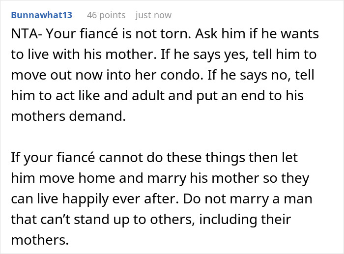 Comment advising woman to say no to future MIL’s temporary stay, highlighting fiancé’s role and relationship boundaries. Comment advising woman to say no to future MIL’s temporary stay, highlighting fiancé’s role and relationship boundaries.