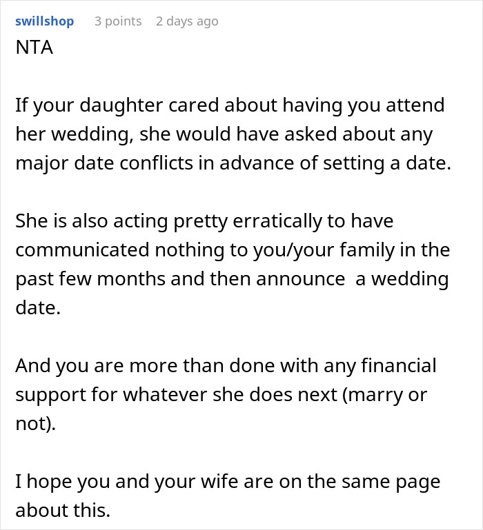 Comment discussing a man who spent $22,500 on daughter’s failed wedding and skipped his own to hang out with friends. Comment discussing a man who spent $22,500 on daughter’s failed wedding and skipped his own to hang out with friends.