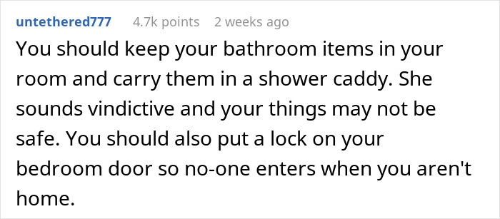 Screenshot of a Reddit comment advising to secure bathroom items and lock bedroom door regarding roommate expects leaving sleep with guys.