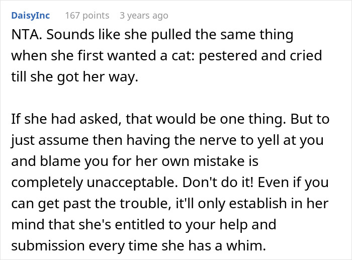 Comment discussing refusal to accept cat litter duties assigned by roommate planning family vacation.