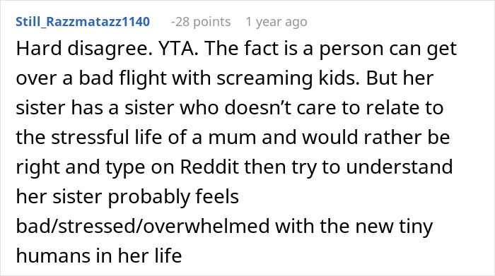 Screenshot of a Reddit comment discussing the challenges of a mom taking kids on a long stressful flight. Screenshot of a Reddit comment discussing the challenges of a mom taking kids on a long stressful flight.