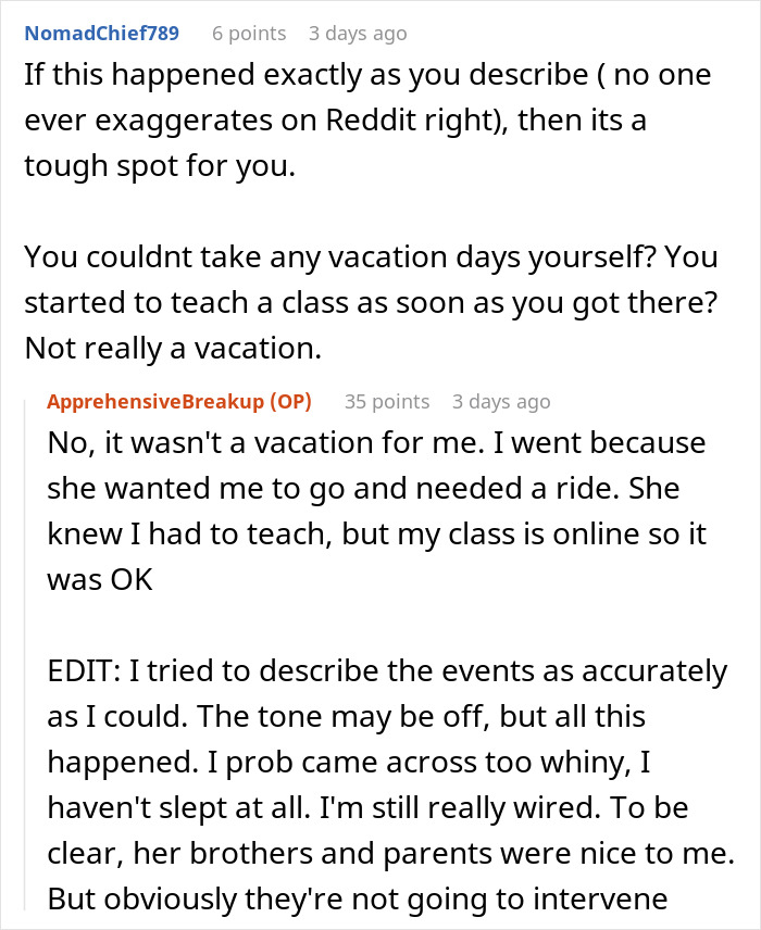 Reddit user discusses husband teaching online class during unwanted trip while wife unleashes years of resentment. Reddit user discusses husband teaching online class during unwanted trip while wife unleashes years of resentment.
