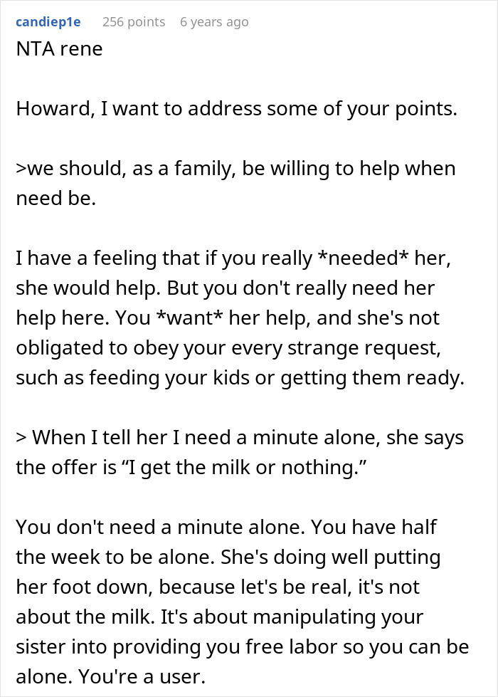 Commenter explaining family dynamics and refusal of sister to provide childcare, highlighting accusations in childcare dispute. Commenter explaining family dynamics and refusal of sister to provide childcare, highlighting accusations in childcare dispute.