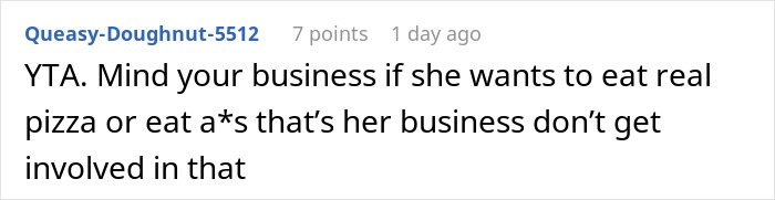 Screenshot of a comment discussing a worker calling out a gluten-free colleague at a pizza party.