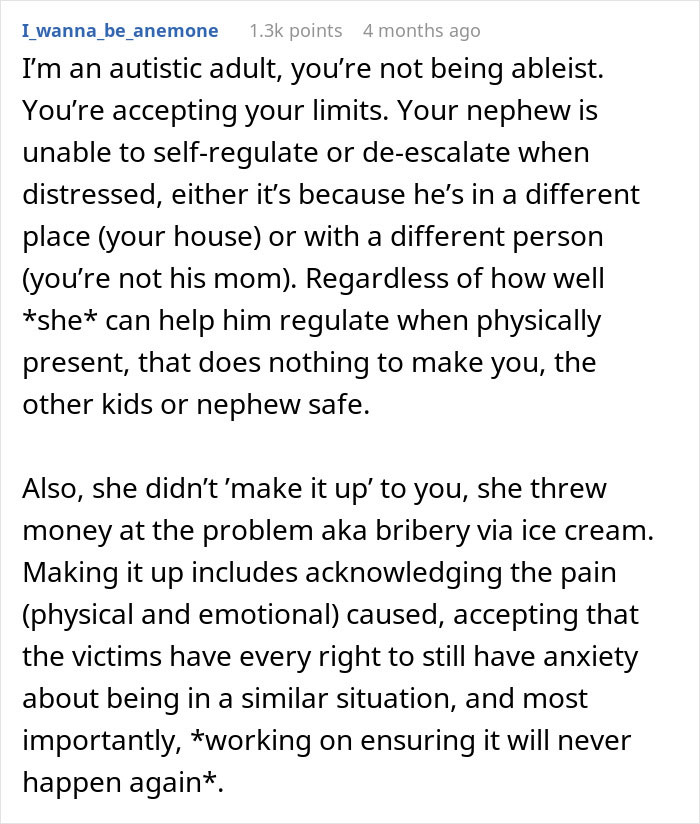 Comment explaining challenges with autistic nephew's behavior and impact on babysitting decisions involving injury and spitting incidents. Comment explaining challenges with autistic nephew's behavior and impact on babysitting decisions involving injury and spitting incidents.