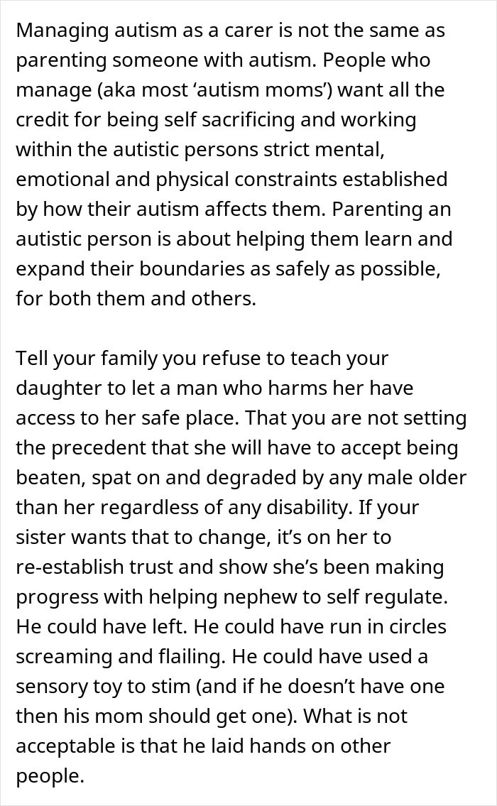 Text discussing challenges of parenting versus caring for an autistic nephew who injured and spat on a child. Text discussing challenges of parenting versus caring for an autistic nephew who injured and spat on a child.