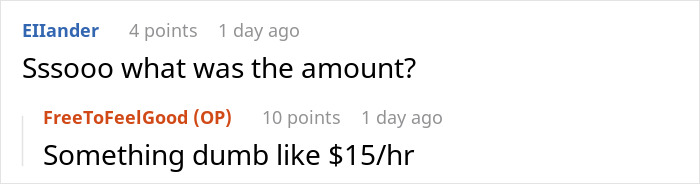 Reddit conversation about babysitter wages with user questioning pay and original poster mentioning $15 per hour rate. Reddit conversation about babysitter wages with user questioning pay and original poster mentioning $15 per hour rate.