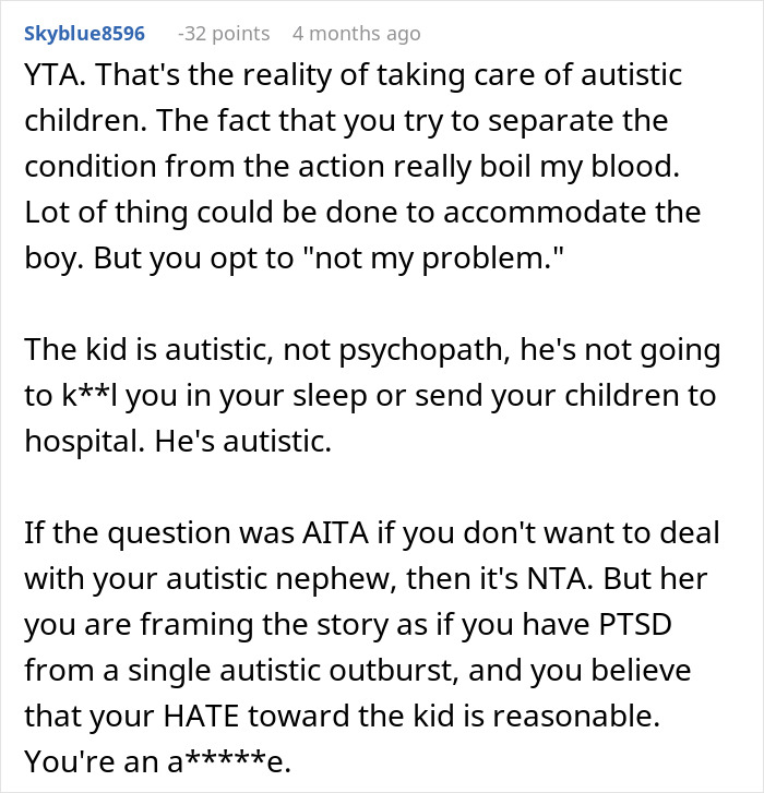 Alt text: Comment discussing challenges of caring for autistic nephew after he injures daughter and causes distress to family. Alt text: Comment discussing challenges of caring for autistic nephew after he injures daughter and causes distress to family.