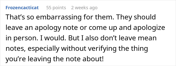Comment discussing embarrassment over dodgy neighbor leaving anonymous notes to trick woman into giving up parking spot. Comment discussing embarrassment over dodgy neighbor leaving anonymous notes to trick woman into giving up parking spot.