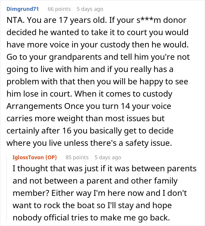Reddit comments discussing teen escaping dad’s babysitting trap and custody rights at age 17. Reddit comments discussing teen escaping dad’s babysitting trap and custody rights at age 17.