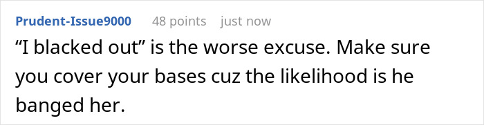 Comment text on a white background about pregnancy claim after husband’s boys’ weekend shared online. Comment text on a white background about pregnancy claim after husband’s boys’ weekend shared online.