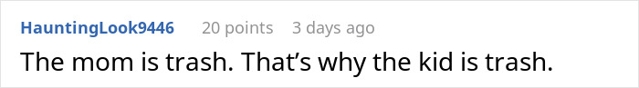 Comment text on a white background stating a negative opinion about the mom and kid in the phone grabbing incident. Comment text on a white background stating a negative opinion about the mom and kid in the phone grabbing incident.