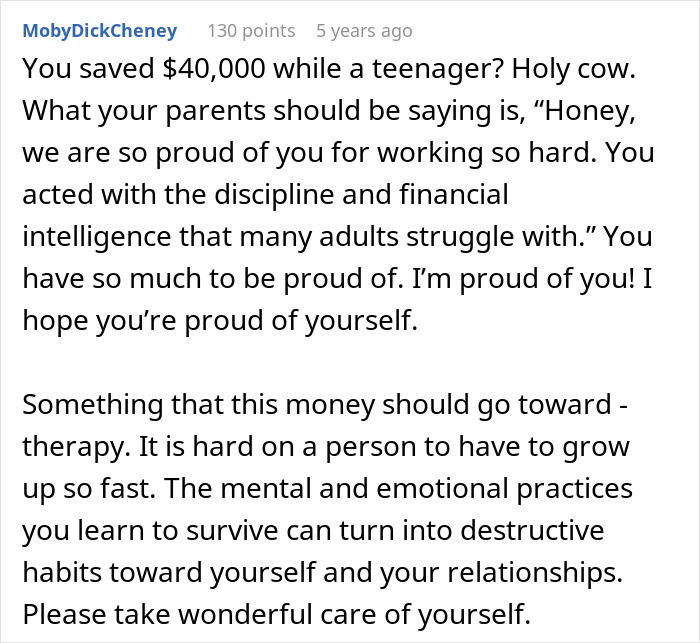 Commenter praises a woman’s financial discipline and resilience after parents claim her entire savings is rightfully theirs. Commenter praises a woman’s financial discipline and resilience after parents claim her entire savings is rightfully theirs.