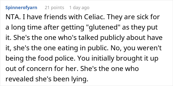 Comment discussing a worker calling out gluten-free colleague at a pizza party amid concerns about Celiac disease.