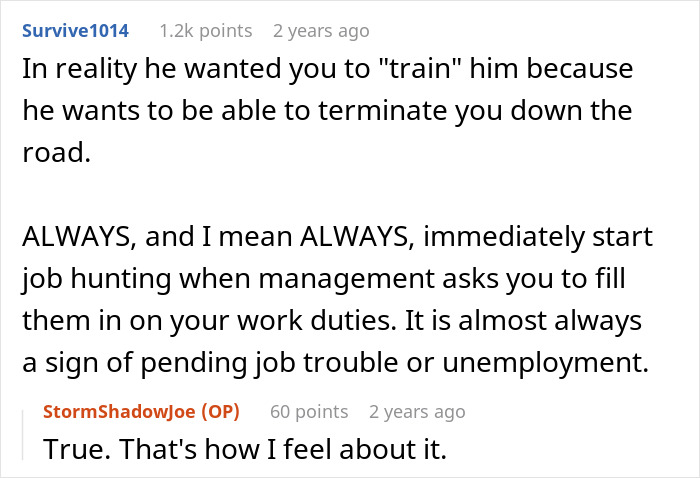 User comment thread discussing job training leading to job trouble, related to guy clapping back with 2 weeks notice before PTO. User comment thread discussing job training leading to job trouble, related to guy clapping back with 2 weeks notice before PTO.